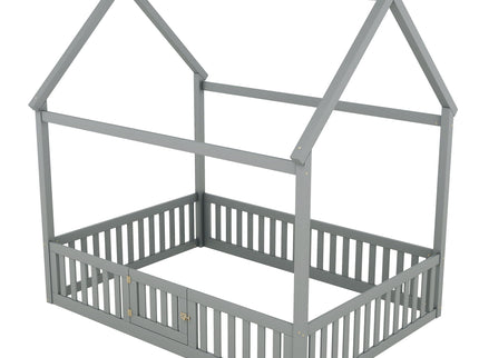 Wood House Bed With Fence And Door