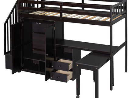 Loft Bed With Stairs, Bookshelf, Drawers, Desk & Wardrobe, Space Saving Multifunctional Furniture
