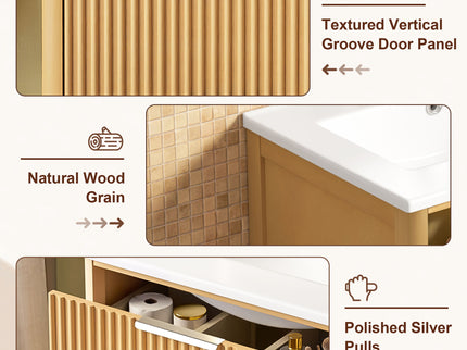 Bathroom Vanity With Sink, Open Shelf & Closed Storage - Natural Wood
