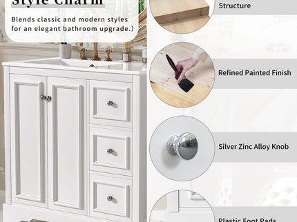 Bathroom Vanity With Sink, Soft-Close Doors, Adjustable U-Shelf, 3 Drawers