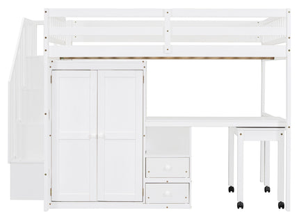 Loft Bed With Stairs, Bookshelf, Drawers, Desk & Wardrobe, Space Saving Multifunctional Furniture