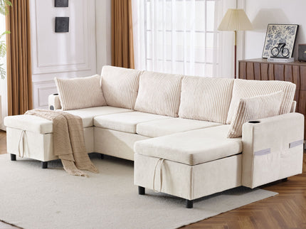 Sectional Sofa Bed With Pull Out Sleeper, USB Ports, Cup Holders