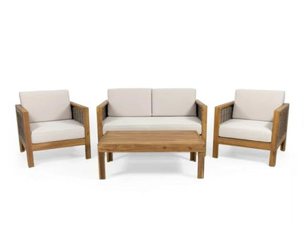 Outdoor 4 Seater Acacia Wood Chat Set With Wicker Accents And Cushions - Teak / Mixed Brown / Beige