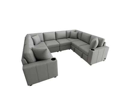 Modern U-Shaped Sectional Sofa Convertible Pull-Out Sofa Bed With USB Ports And Cup Holders