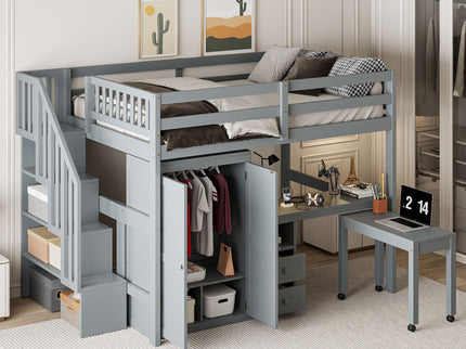 Loft Bed With Stairs, Bookshelf, Drawers, Desk & Wardrobe, Space Saving Multifunctional Furniture