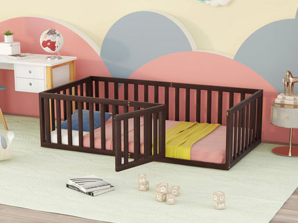 Twin Size Floor Bed Frame With Fence And Door - Walnut