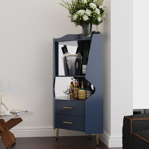 Corner Bar Cabinet With Mirrored Back, 2 Open Shelves & 2 Drawers, High Legs For Easy Cleaning