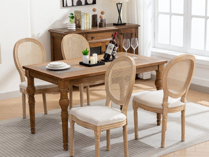 French Style Solid Wood Frame Antique Painting Fabric Rattan Back Dining Chair (Set of 2)