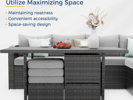 7 Piece Outdoor Dining Set With Cushions, Modular Sectional Sofa And Table