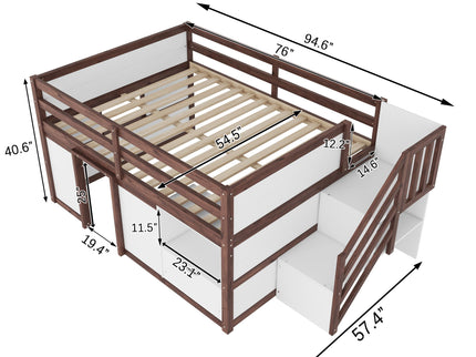 Low Loft Bed Frame With Built In Stairs, Storage Drawer, Shelf And 7 Color LED Light