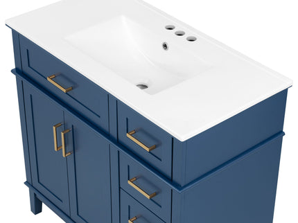 Bathroom Vanity With Ceramic Sink, Soft-Close Doors, 4 Storage Drawers - Blue