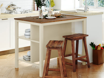 Rustic 3 Piece Stationary Kitchen Island Set With 2 Seatings, With 2 Open Shelves