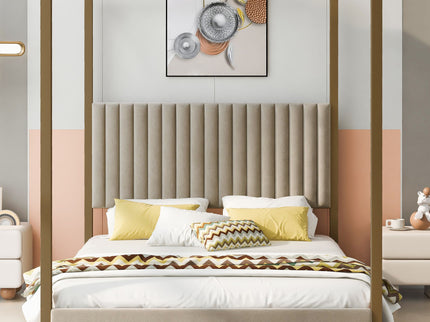 Upholstered Canopy Platform Bed With Frame, Queen Size - Beige