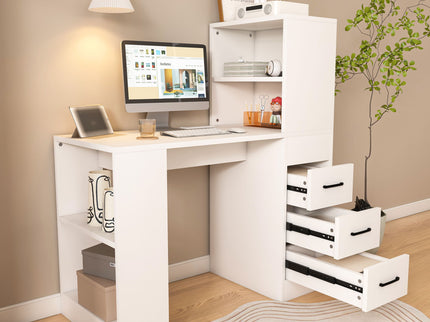 Computer Desk With 4 In 1 Socket & 3 Drawers, 4 Tier Shelves