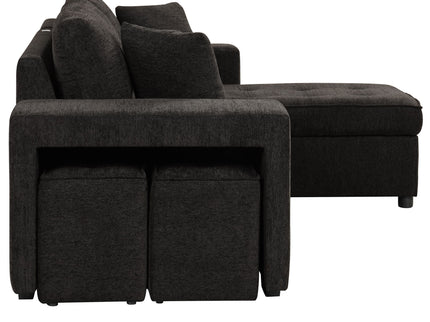 Modern L-Shape 3 Seat Reversible Sectional Couch, Pull Out Sleeper Sofa With Storage Chaise And 2 Stools For Living Room Furniture Set