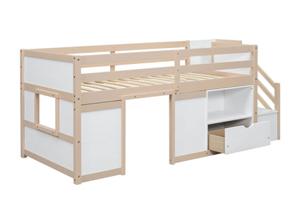 Low Loft Bed With Stair, Drawer, And Shelf