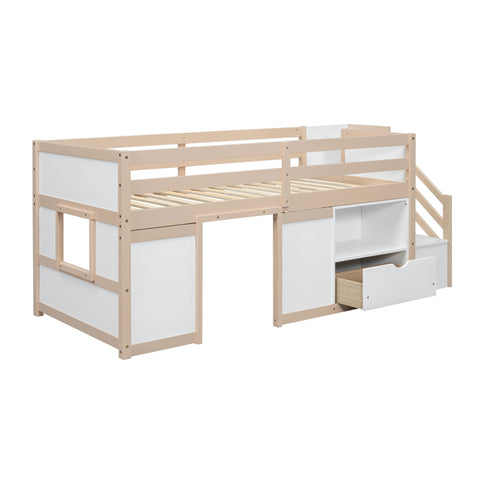 Low Loft Bed With Stair, Drawer, And Shelf
