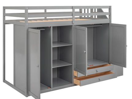 Loft Bed With 3 Shelves, 2 Wardrobes, 2 Drawers, Ladder Storage