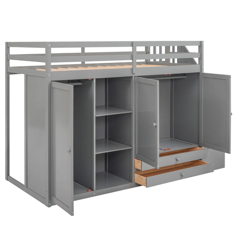 Loft Bed With 3 Shelves, 2 Wardrobes, 2 Drawers, Ladder Storage