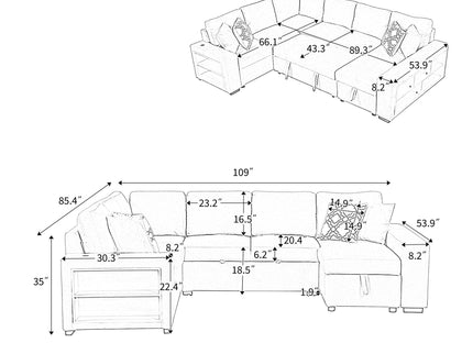 U-Shaped Sectional Sofa Pull-Out Sofa Bed With Two USB Ports, A Storage Chaise Lounge And Four Back Pillows For Living Room