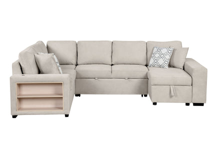 U-Shaped Sectional Sofa Pull-Out Sofa Bed With Two USB Ports, A Storage Chaise Lounge And Four Back Pillows For Living Room