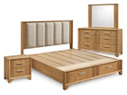 Light Brown / 4 Pc. Bed, Nightstand, Dresser, Mirror / Queen