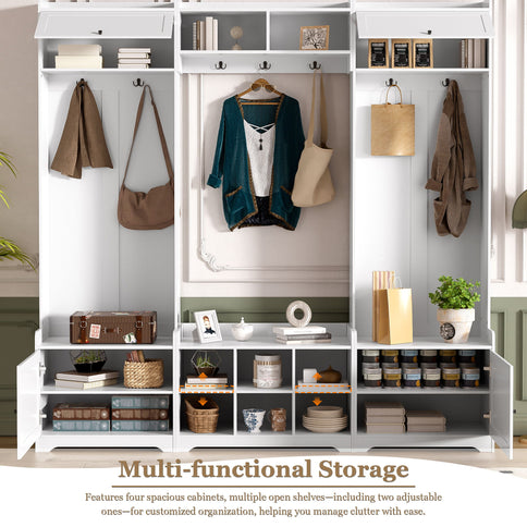 Wide Hall Tree With Shoe Storage, 4 In 1 Entryway Bench With 8 Cubbies, 7 Coat Hooks & Adjustable Shelf For Hallway - White