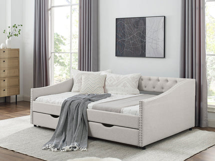 Upholstered Tufted Daybed With Drawers, Waved Arms