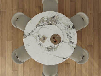 Luxury Round 59" Sintered Stone Dining Table With Stainless Steel Hourglass Base, Scratch & Heat Resistant Surface - Golden / White