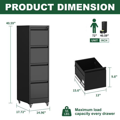 Drawer Metal Locking Vertical File Cabinet With Wheels Heavy Duty Lockable Storage