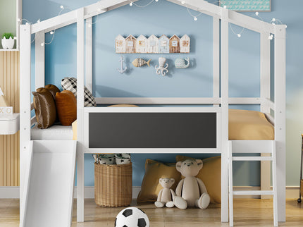 Loft House Bed With Ladder And Slide, With board And Light Strip On The Roof