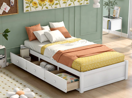 Twin Size Platform Storage Bed With 3 Drawers - White