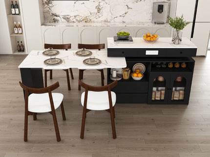 Retro Kitchen Island Set With Chairs, Extendable & Rotating Table, 4 Drawers & Door Cabinets