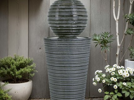 31.5" Tall Striped Column Fountain With LED Light Design For Outdoor Spaces - Gray