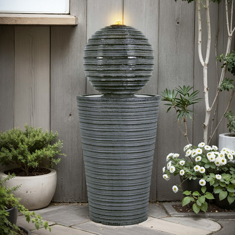 31.5" Tall Striped Column Fountain With LED Light Design For Outdoor Spaces - Gray