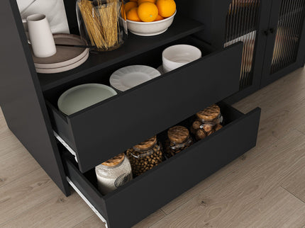 Kitchen Island With Extendable Rotating Table, 4 Drawers & Glass Door Cabinets, Built In Socket - Black