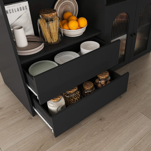 Kitchen Island With Extendable Rotating Table, 4 Drawers & Glass Door Cabinets, Built In Socket - Black