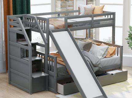 Bunk Bed With Storage Staircase, Slide, Desk, Drawers, And Shelves