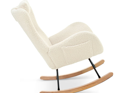 Rocking Chair Nursery, Teddy Upholstered Rocker Glider Chair With High Backrest, Adjustable Headrest & Pocket, Comfy Glider Chair For Nursery, Bedroom, Living Room, Offices, Rubber Wood