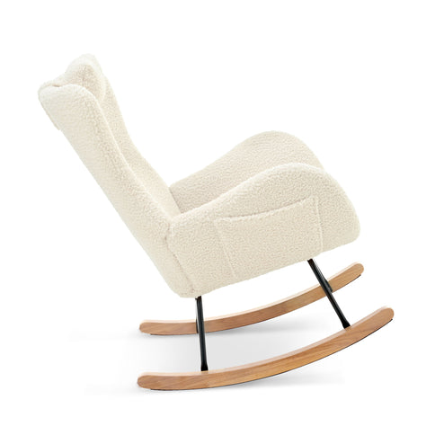 Rocking Chair Nursery, Teddy Upholstered Rocker Glider Chair With High Backrest, Adjustable Headrest & Pocket, Comfy Glider Chair For Nursery, Bedroom, Living Room, Offices, Rubber Wood