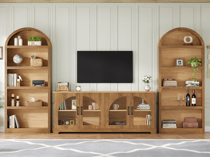3 Piece TV Stand Set With Bookshelf With Arched Design For Living Room - Brown