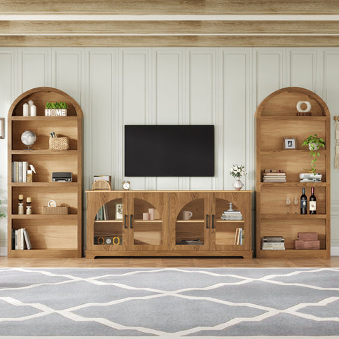 3 Piece TV Stand Set With Bookshelf With Arched Design For Living Room - Brown