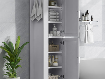 Tall Freestanding Bathroom Storage Cabinet With Adjustable Shelves And Side Hooks