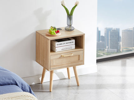 15.75" Rattan End Table With Power Outlet & USB Ports, Modern Nightstand With Drawer And Solid Wood Legs, Side Table For Living Room, Bedroom