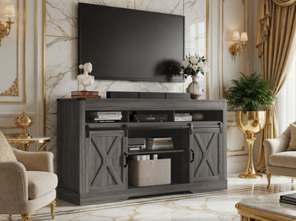Farmhouse TV Stand With Sliding Barn Doors & Adjustable Storage