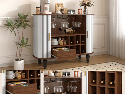 Fluted Liquor & Coffee Bar Cabinet With 6 Wine Racks And 3 Glass Holders