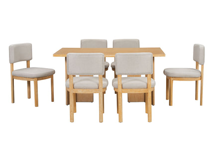 Dining Table Set With 6 Upholstered Chairs, Rectangular Table With Cutout Legs