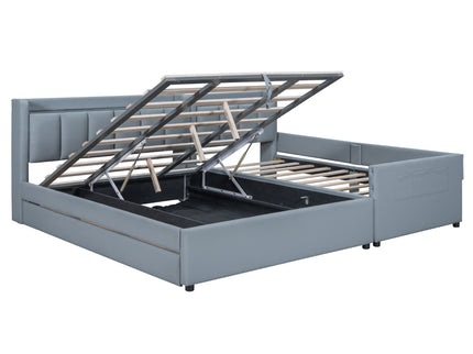 Upholstered Mother & Child Bed With Hydraulic Storage System, Drawer Box, Bedhead Storage Shelf And 2 Pairs Of Sockets & USB Ports