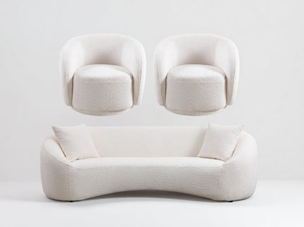 3 Piece Set Curved Sofa, Upholstered 3 Seater With Tight Curved Back For Living Room - White