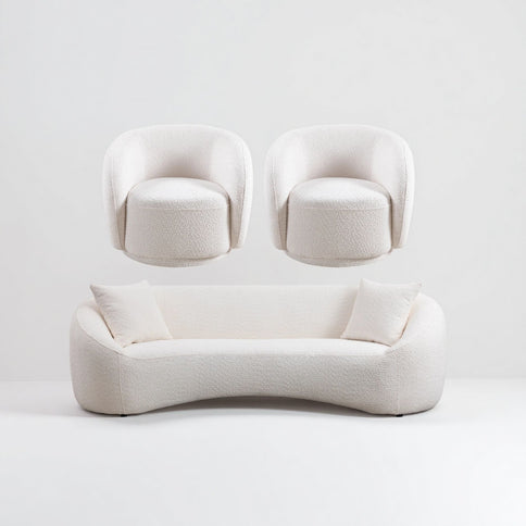 3 Piece Set Curved Sofa, Upholstered 3 Seater With Tight Curved Back For Living Room - White